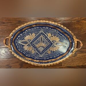 Vintage Artisan Copper Oval Tray Blue Engraved Tea Coffee Service Serve Ware